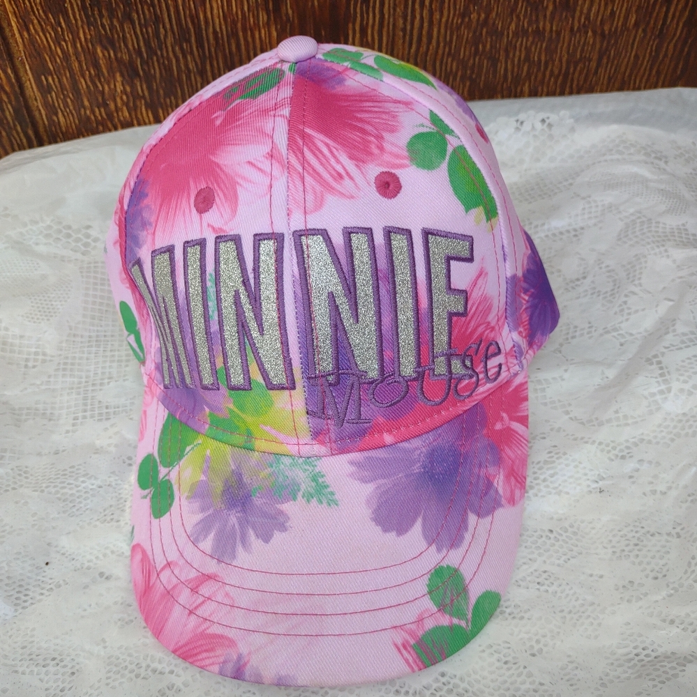 Disney Parks Minnie Mouse Pink Tropical Sparkle Script Youth Baseball Cap. 